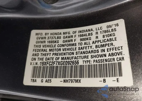 2016 Honda Civic Ex z USA, uszkodzony, nr VIN 19XFC2F7XGE092656